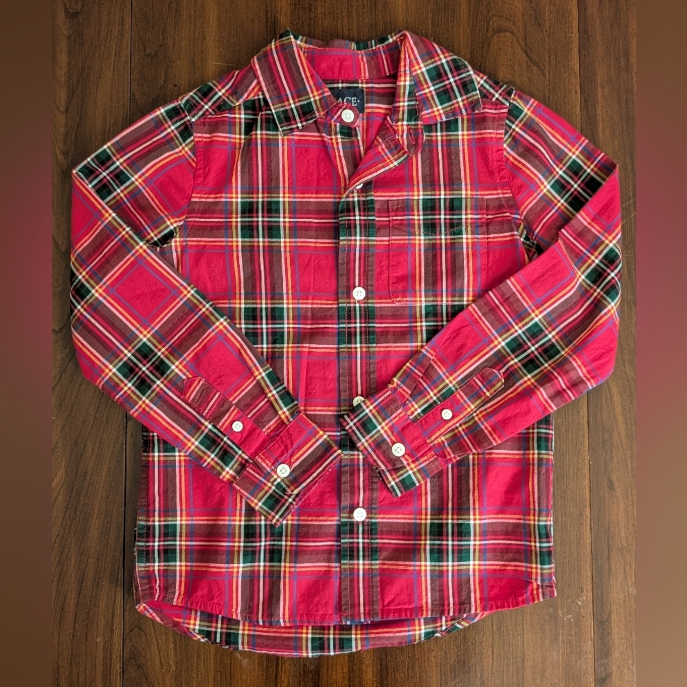 Children's Place Boys Red Green Plaid Long Sleeve Button Down Shirt